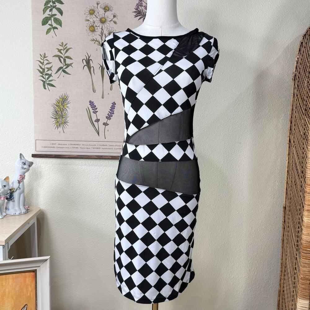 Vintage 90s Y2k Black White Checker Sheer Mesh Dress Avant Garde Sexy Club S